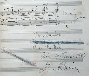 Notenblatt für die Klaviersuite „La Vega“ mit Autogramm von Isaac Albeniz (1860-1909), spanischer Komponist und Pianist. Manuskript vom 14. Februar 1897. Nationalbibliothek von Katalonien. von Isaac Albeniz