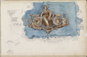 Vignette mit sitzender Frau und zwei Porträts