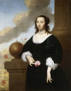 Porträt einer Dame, stehend in Dreiviertellänge, in einem schwarzen Satinkleid mit weißer Spitzenbesatz von Isaac Luttichuys