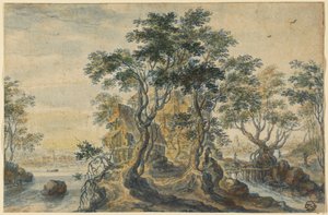 Flusslandschaft mit Haus auf einer felsigen Insel von Isaac Major
