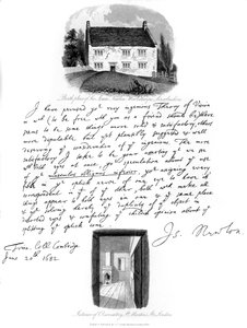 Ein Brief von Isaac Newton und ein Blick auf seinen Geburtsort in Woolsthorpe, Lincolnshire, 1682, 1840