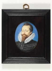 Ein Gentleman, vielleicht Edward Cecil, Viscount Wimbledon (Aquarell auf Pergament) von Isaac Oliver