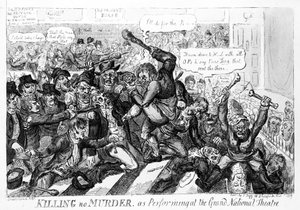 Killing no Murder, aufgeführt im Grand National Theatre, 1809 von Isaac Robert Cruikshank