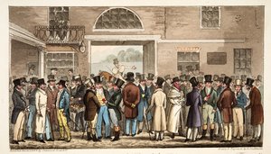Montag nach dem großen St. Leger, oder Helden des Turfs zahlen und empfangen bei Tattersalls, aus The English Spy, veröffentlicht 1824 von Isaac Robert Cruikshank