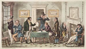 Morgen und in schlechter Stimmung, eine Szene in einem Spunging House, Carey Street, ein bisschen gute Wahrheit, aus The English Spy, veröffentlicht London, 1824