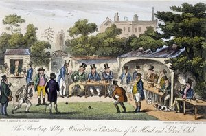 Die Kegelbahn oder Charaktere des Hand and Glove Club - in „The English Spy“ von Charles Molloy Westmacott, Zeichnung von Robert Cruikshank, Londoner Ausgabe