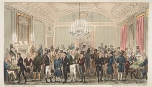 Der große Abonnementsraum bei Brookes, aus The English Spy, veröffentlicht 1824 von Isaac Robert Cruikshank