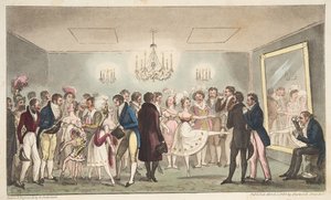 Der Green Room des Kings Theatre, oder edle Amateure betrachten ausländische Kuriositäten, aus The English Spy, veröffentlicht 1824