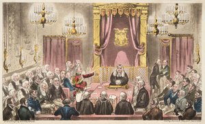 Das House of Lords in heftiger Debatte, aus The English Spy, veröffentlicht 1824