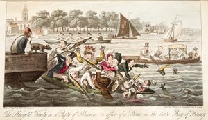 Die Familie Marigold auf einem Vergnügungsausflug, oder die Wirkung eines Sturms in der kleinen Bucht von Biscay, aus The English Spy, veröffentlicht 1824 von Isaac Robert Cruikshank