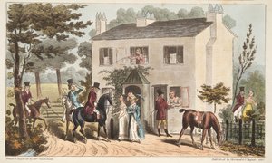 Die Oakland Cottages, Cheltenham, oder Fuchsjagd und ihre Favoriten, aus The English Spy, veröffentlicht 1824 von Isaac Robert Cruikshank