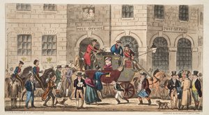 Das Postamt Bristol, Ankunft der Londoner Post, aus The English Spy, veröffentlicht London, 1824 von Isaac Robert Cruikshank