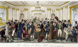 Das Innere der Modern Hall - in „The English Spy“ von Charles Molloy Westmacott, Zeichnung von Robert Cruikshank, London Edition