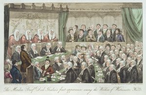 Das erste Auftreten von Dick Gradus unter den Würdenträgern der Westminster Hall, veröffentlicht 1824 von Isaac Robert Cruikshank