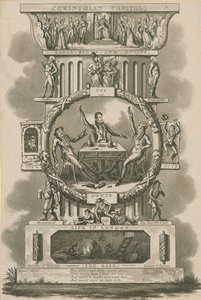 Korinthisches Kapitell, Rosen, Nelken und Tulpen; Höhen und Tiefen des Lebens in London