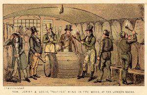 Tom, Jerry und Logic probieren Wein im Fass in den Londoner Docks von Isaac, Robert and George Cruikshank
