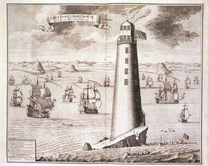Der Eddystone-Leuchtturm, graviert von Hendrick Hulsbergh, 1713