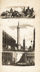 Landmänner auf einer Postkutsche, das Monument und Pie Corner von Isaac Taylor