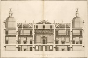 Houghton Hall: Abschnitt der Westfront, gestochen von Pierre Fourdrinier, 1735