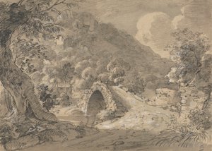 Berglandschaft mit einer Brücke und einem Haus