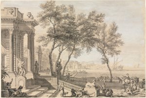 Fantastische Hafenszene mit Architektur und Figuren