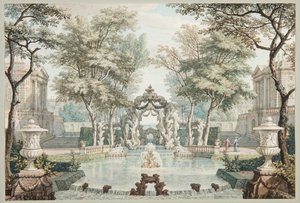 Garten mit klassischen Gebäuden und einem Brunnen