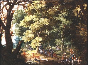 Waldlandschaft mit Jägern und Hunden