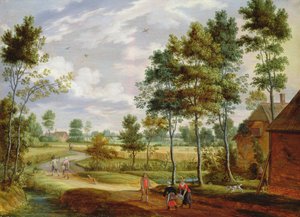 Figuren vor einem Cottage in einer ländlichen Landschaft von Isaak van Oosten