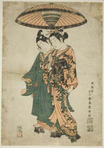 Die Schauspieler Sanogawa Ichimatsu I und Segawa Kikunojo I als Liebende unter einem Regenschirm