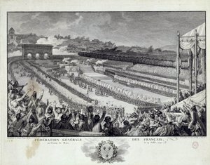 Französische Revolution: Ansicht des Festes der Generalföderation der französischen Departements auf dem Champs de Mars in Paris am 14.07.1791. Illustration von Isidore Helman