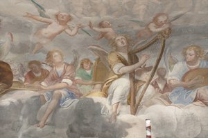 Engel, musizierende Engel und Putten, Detail des Paradieses mit ewigem Vater (Detail) von Isidoro Bianchi