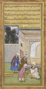 Al Fazl bringt Wasser für Yahya Barmaki zur Waschung, um 1595