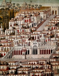 Islamische Kunst: Ansicht von Damaskus mit der Großen Moschee der Umayyaden von Damaskus (705-715). Anonymes syrisches Gemälde des 17. Jahrhunderts. Syrien, Damaskus, Azem-Palast.