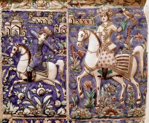 Islamische Kunst: Falkenjagd. Keramik von Isfahan oder Isfahan im Iran von Islamic School
