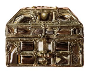Mozarabische Kunst: Achatkiste aus Holz, Achat und Silber. 11. Jahrhundert. Aus der Real Colegiata von San Isidoro. Leon. Archäologisches Museum von Madrid, Spanien