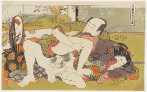 Vor dem Spiegel, Nr. 4 aus Zwölf Kämpfen im Weg der Liebe (Shikidō torikumi jūniban) von Isoda Koryusai