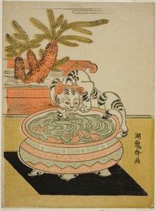 Katze, die nach Goldfischen greift von Isoda Koryusai