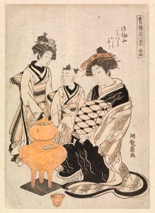 Kurtisane und Begleiterinnen, die Sake erhitzen, ca. 1766-80 von Isoda Koryusai