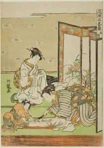 Schneiden und Nähen (Tachinui), aus der Serie "Sammlung modischer Fertigkeiten (Furyu shogei zukushi)" von Isoda Koryusai