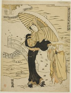 Abendschnee in Ikenohata (Ikenohata bosetsu), aus der Serie "Acht Ansichten des Wohlstands im östlichen Dorf (Azuma no sato eiga hakkei)" von Isoda Koryusai