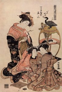 Japanische Kurtisane im Kimono beim Teetrinken von Isoda Koryusai