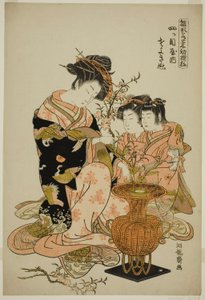Sayoginu von der Yotsumeya, aus der Serie "Modelle für Mode: Neue Designs so frisch wie junge Blätter (Hinagata wakana hatsu moyo)" von Isoda Koryusai