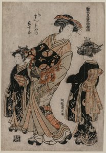 Die Kurtisane Kichijuro von Kage Manjiya mit zwei Kamuro (aus der Serie Modelle für Mode: Neue Designs so frisch wie junge Blätter)