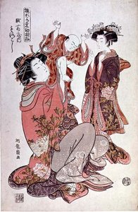 Die Kurtisane Morokoshi von Echizan mit Kind und Begleiter, c.1775 von Isoda Koryusai