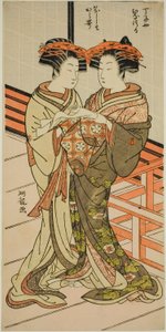 Die Kurtisanen Hinazuru und Karauta von Chojiya halten einen Brief von Isoda Koryusai