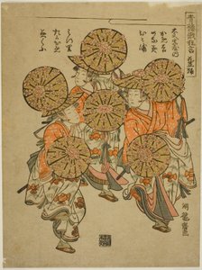 Der Blumenhut-Tanz, aus der Serie "Komische Aufführungen vom Niwaka-Festival in den Vergnügungsvierteln" von Isoda Koryusai