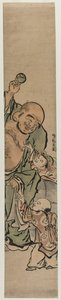 Zwei Kinder bitten Hotei um ein Juwel, ca. 1770er von Isoda Koryusai