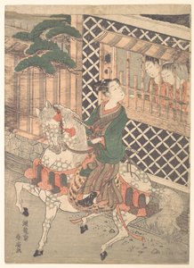 Junger Samurai zu Pferd und Frauen am Fenster von Isoda Koryusai