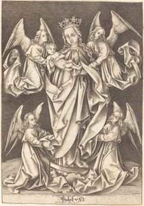 Die Madonna und das Kind auf der Mondsichel, unterstützt von vier Engeln