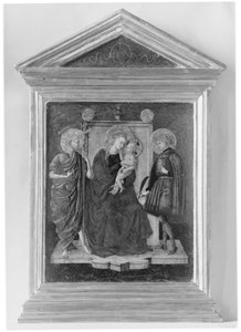 Madonna und Kind auf dem Thron mit Johannes dem Täufer und einem anderen Heiligen